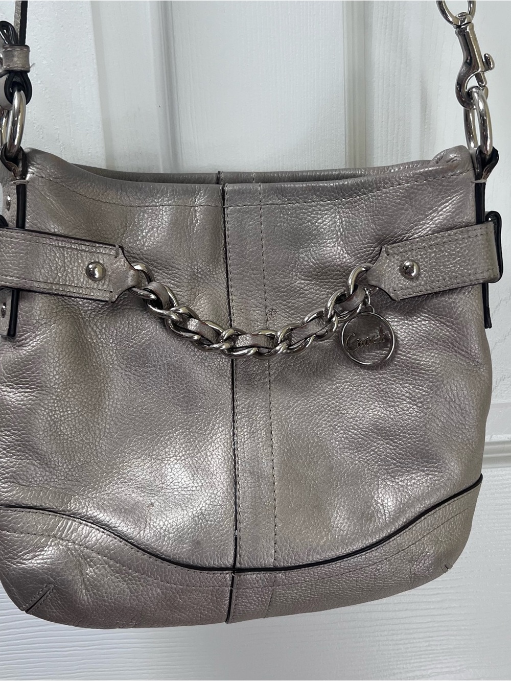 Coach Convertible Chain Duffle Crossbody Bag Silver Pebble Leather Y2K
